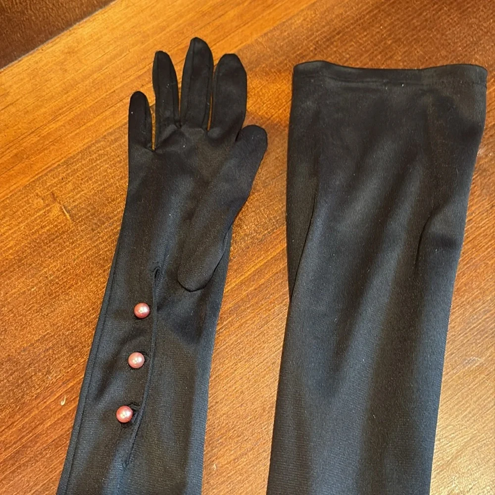 Elegant long Black Opera Gloves vintage 50s pink pearl buttons sz 6 - 7